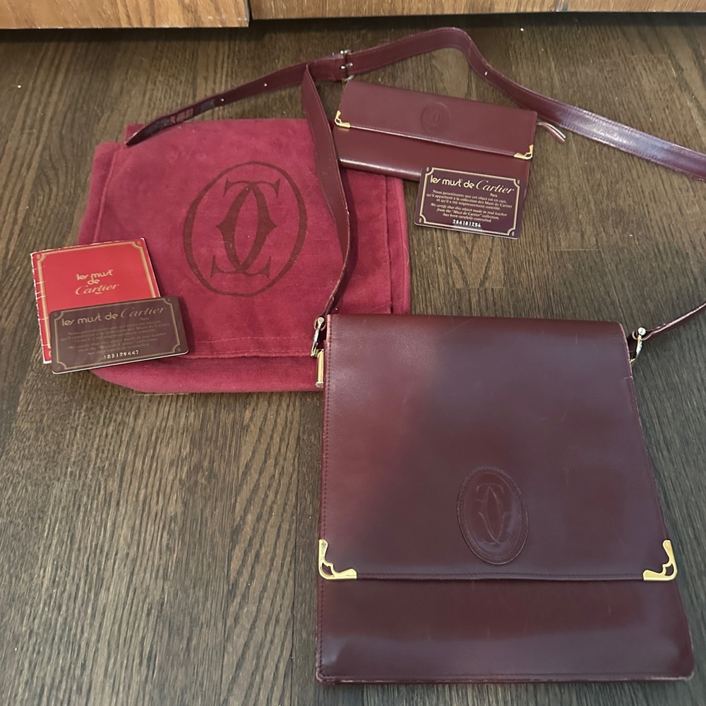 Cartier Burgundy Leather Crossbody Bag and Wallet Set